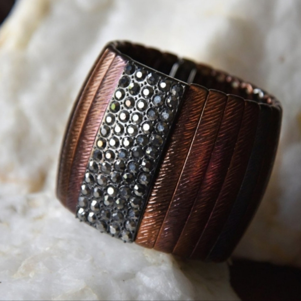 Vintage Jewelry Bracelet Caff Bronze Copper Black Pave Crystals
